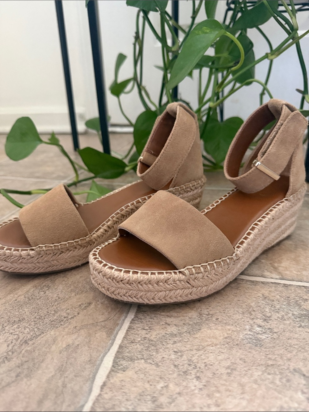 Franco Sarto Tan Suede Espadrille Wedge Sandals with Ankle Strap